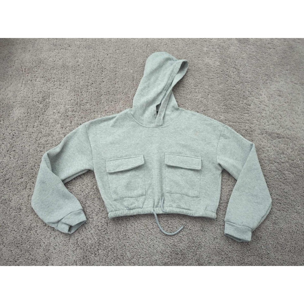 New Look Cropped Hoodie Women Size L Gray Flap Pockets Drawstring Hem Pullover
